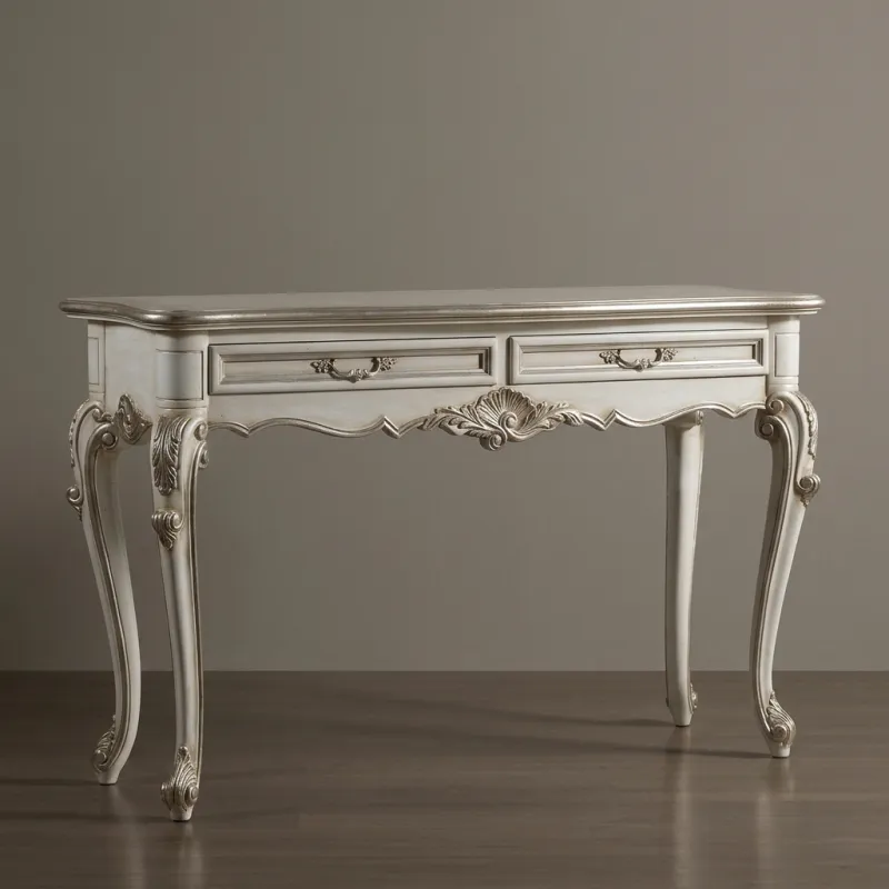Luxury Baroque Console Table with Twin Drawers in Antique Ivory Finish Front View by Luxury Group International
