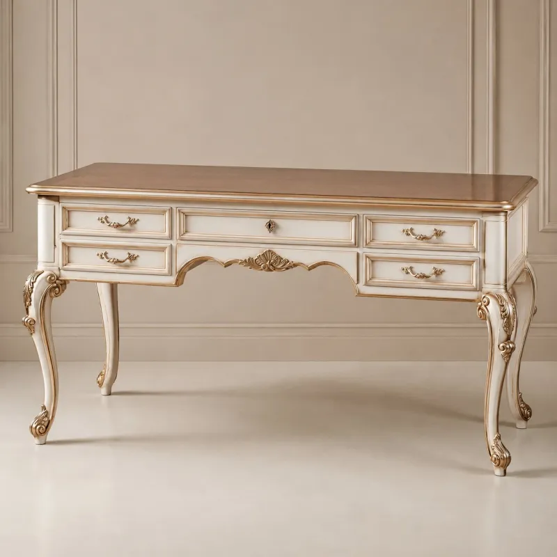 Escritorio de Oficina Barroco de Lujo con Acabado Marfil, Elegantes Patas Cabriole y Almacenamiento con Múltiples Cajones Vista frontal por Luxury Group International