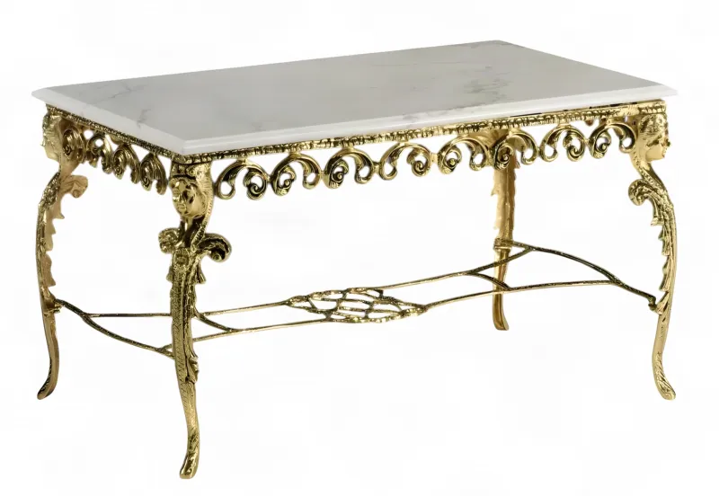 Luxuriöser Barocker Couchtisch mit Marmorplatte, Ornamentalen Schnörkeln & Figürlichen Skulpturdetails Vorderansicht von Luxury Group International