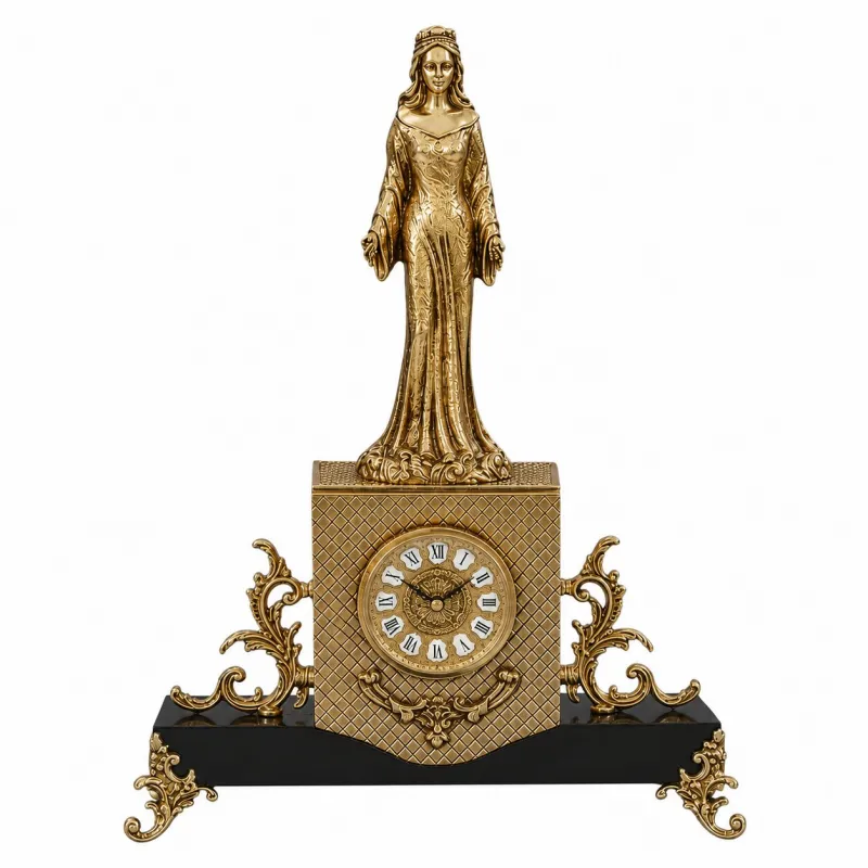 Luxury Baroque Standing Lady Bronze Table Clock with Ornate Wooden Base - Royal Home Accessories by Luxury Group International