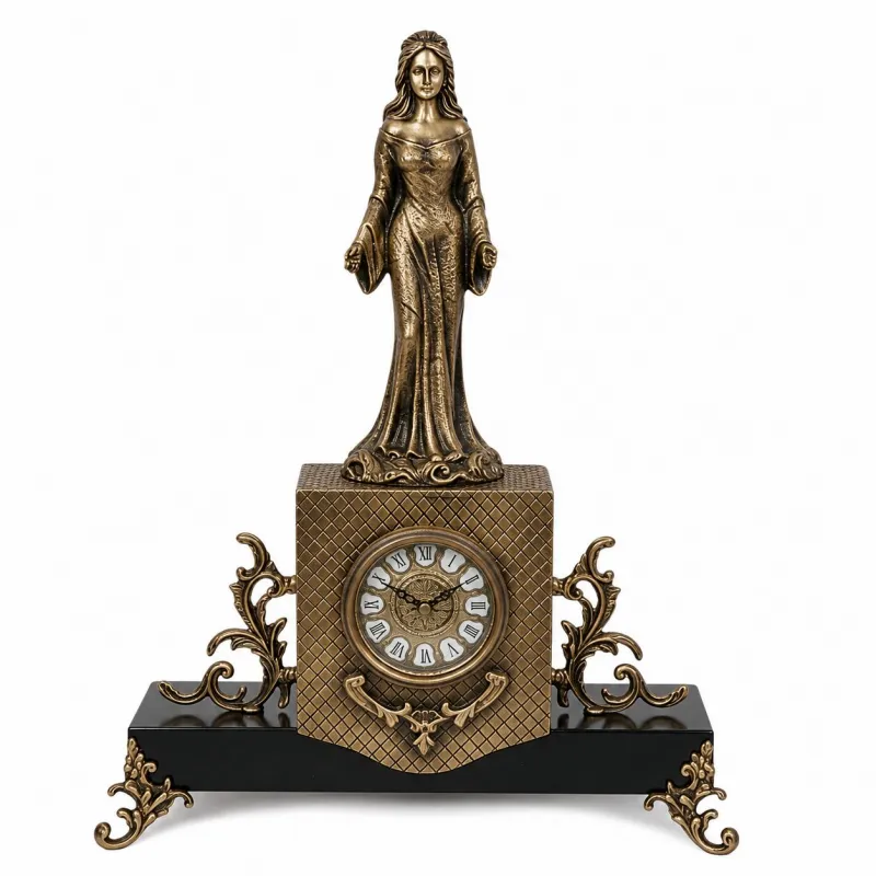 Luxury Baroque Standing Lady Bronze Table Clock with Ornate Wooden Base - Royal Home Accessories by Luxury Group International