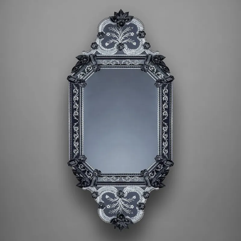 Luxury Baroque Venetian Style Black Glass Wall Mirror with Etched Silver Floral Details Front View by Luxury Group International