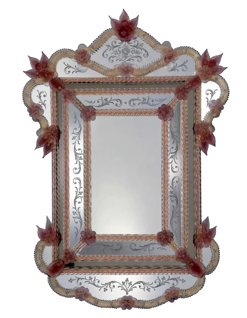 Luxury Baroque Venetian Style Floral Glass Wall Mirror with Pink Rosette & Crown Crest Accents Front View by Luxury Group International