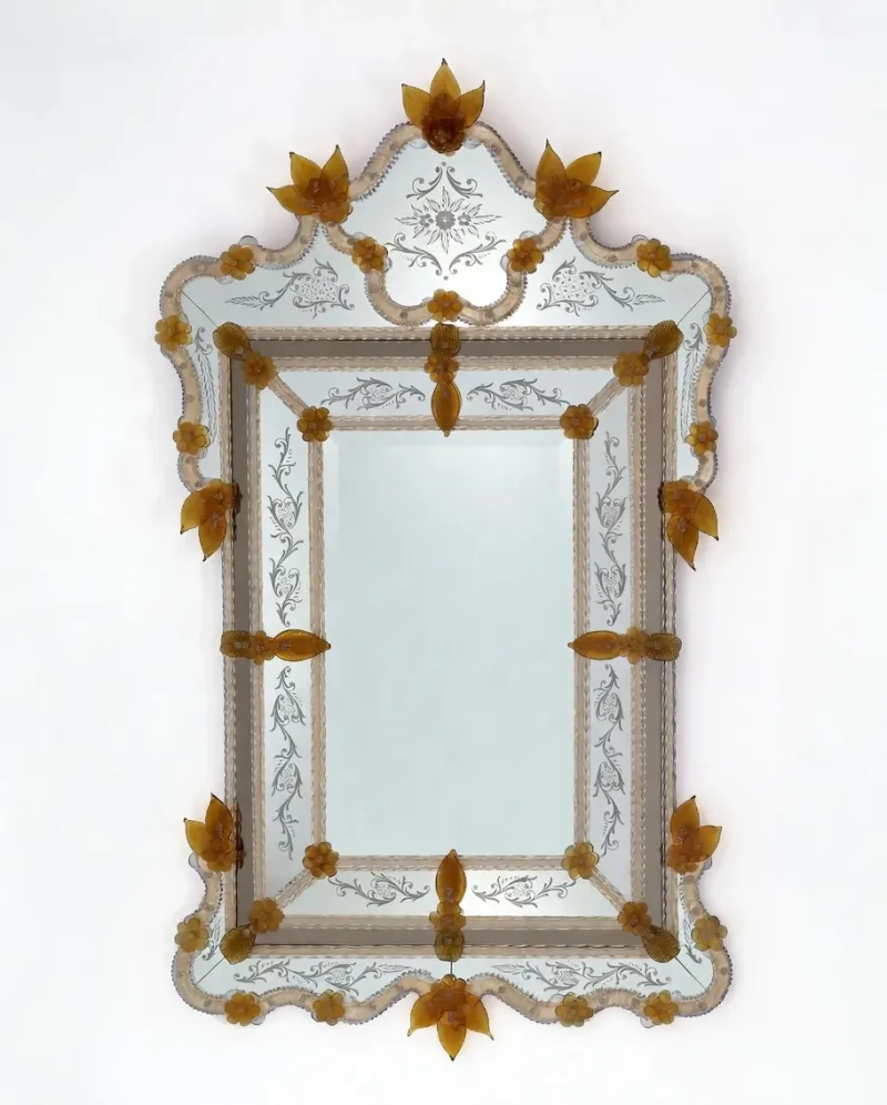 Luxury Baroque Venetian Style Glass Wall Mirror with Amber Gold Floral Accents & Ornate Crown Crest Front View by Luxury Group International