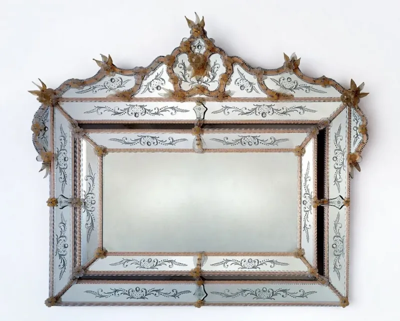 Luxury Baroque Venetian Style Large Horizontal Glass Wall Mirror with Ornate Crown Crest Front View by Luxury Group International