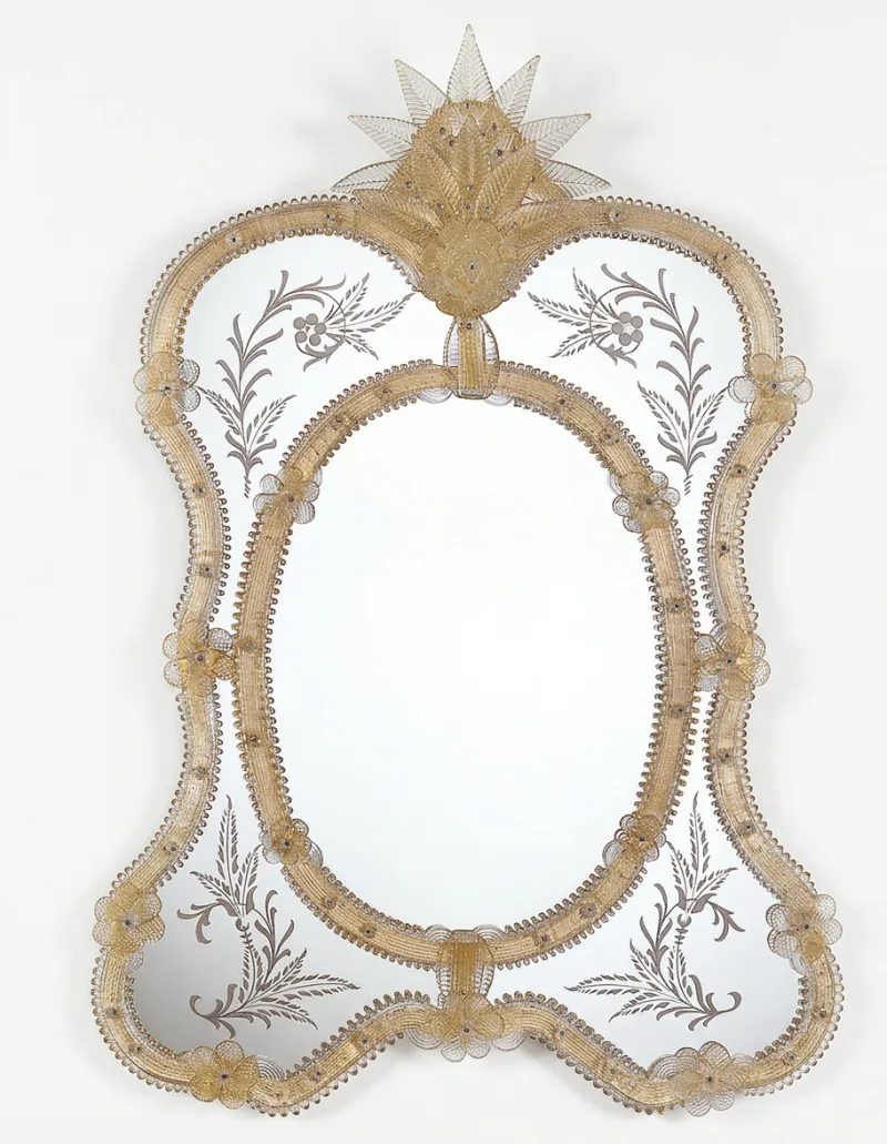 Luxury Baroque Venetian Style Oval Centre Glass Wall Mirror with Floral Ornate Crown Crest Front View by Luxury Group International