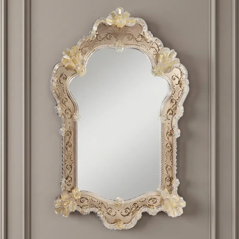 Luxury Baroque Venetian Style Wall Mirror with Champagne Gold Etched Glass Frame Front View by Luxury Group International