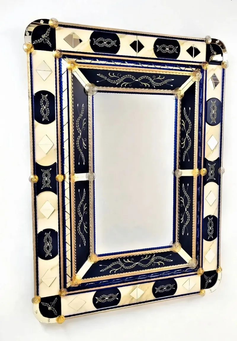 Luxury Baroque Venetian Style Wall Mirror with Royal Blue Glass Panels & Gold Rosette Accents Front View by Luxury Group International