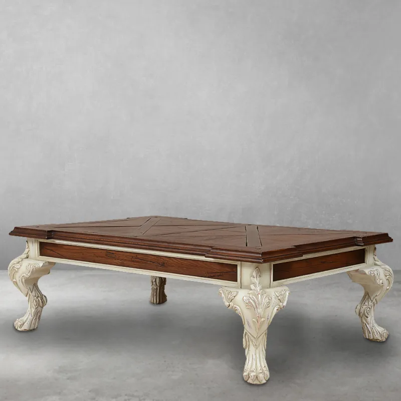 Luxury Baroque Wooden Coffee Table with Geometric Panelled Top and Ivory Carved Legs Front View by Luxury Group International