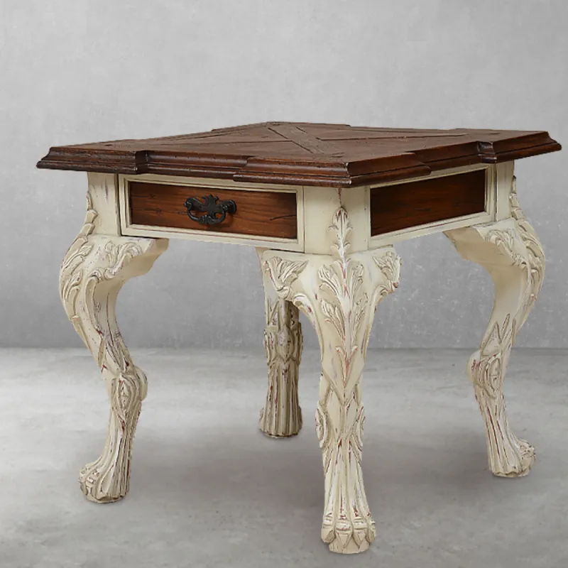 Luxury Baroque Wooden Side Table with Geometric Panelled Top and Ivory Carved Legs Front View by Luxury Group International