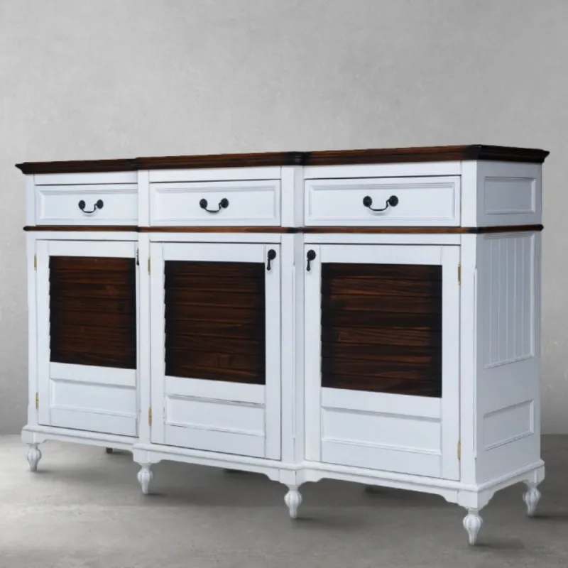 Luxus Barock Holz Sideboard in Weiß & Walnuss-Finish mit 3 Schubladen & Schranktüren Vorderansicht von Luxury Group International