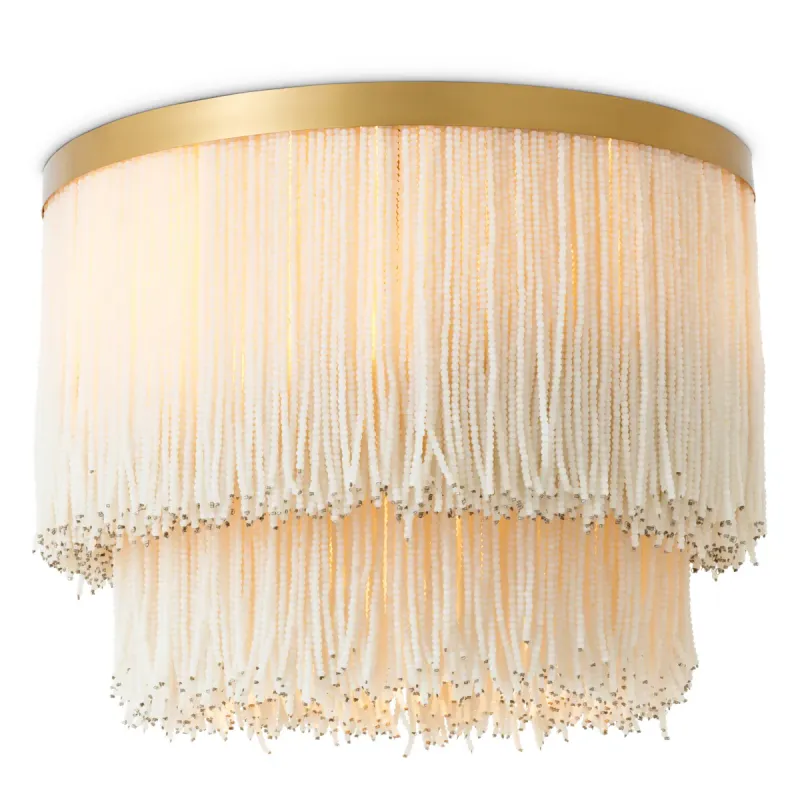 White Glass Bead Flush Mount Designer Ceiling Light with Golden Frame - Luxury Hotel Furniture Front View by Luxury Group International