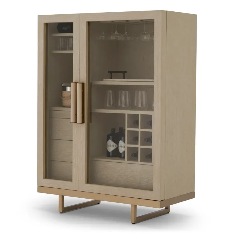 Luxus Beige Bar-Schrank mit Glastüren & goldenem Metallfuß - Luxus Hotelmöbel Vorderansicht von Luxury Group International