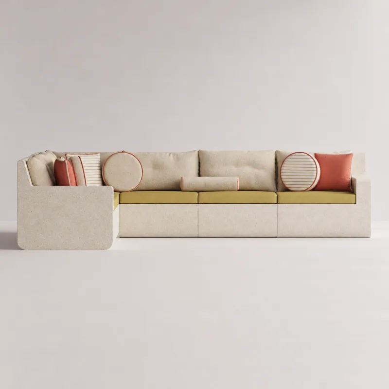 Divano da Esterno a L in Cemento Beige di Lusso con Cuscini Arancione Tramonto - Mobili da Esterno Vista frontale di Luxury Group International