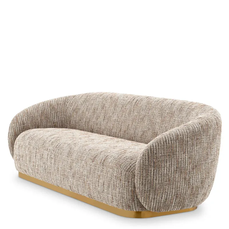 Canapé Courbé Beige de Luxe avec Revêtement Tissu et Base Métallique Dorée - Canapé de Luxe Vue de face par Luxury Group International