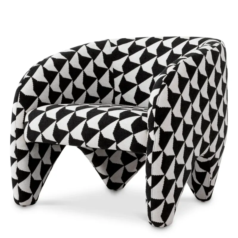 Sillón escultural de lujo con motivos geométricos en blanco y negro - Mobiliario de lujo para hoteles Vista frontal por Luxury Group International