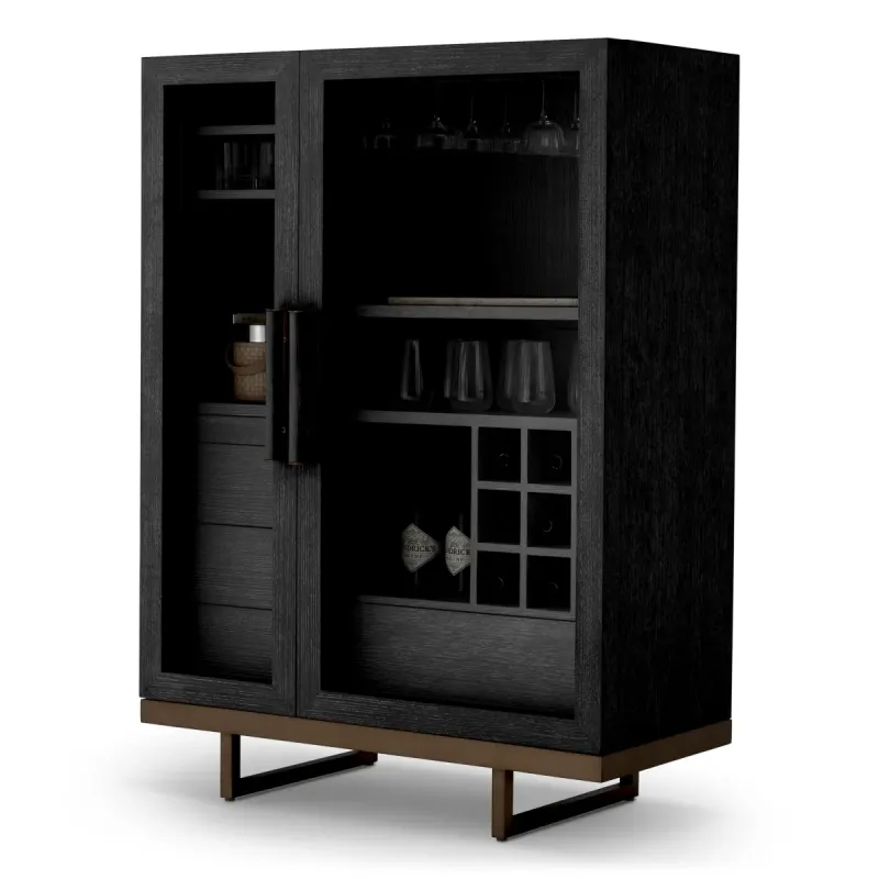 Luxus Schwarzer Glastür-Bar-Schrank mit Metallbasis – Luxus Hotelmöbel Vorderansicht von Luxury Group International