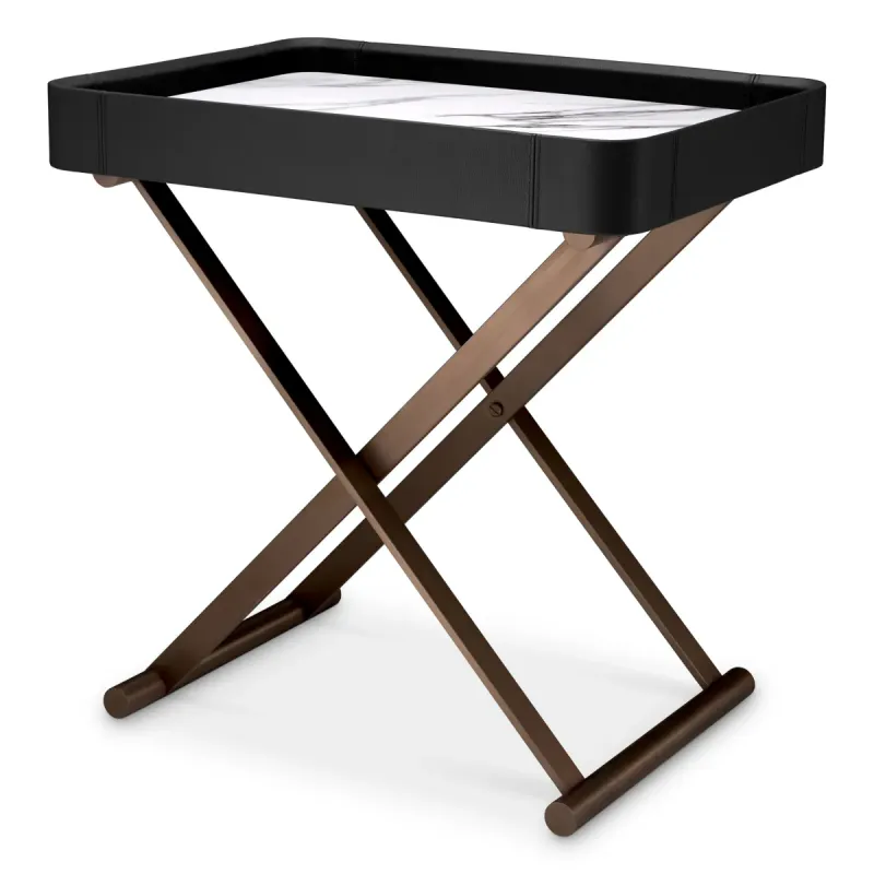 Luxury Black Leather Tray Bar Side Table with Sintered Stone Top - Luxury Bar Furniture by Luxury Group International