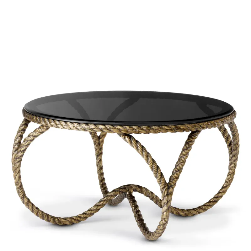 Luxury Black Round Coffee Table with Sculptural Golden Rope Frame – 72 cm - Luxury Hotel Furniure Front View by Luxury Group International