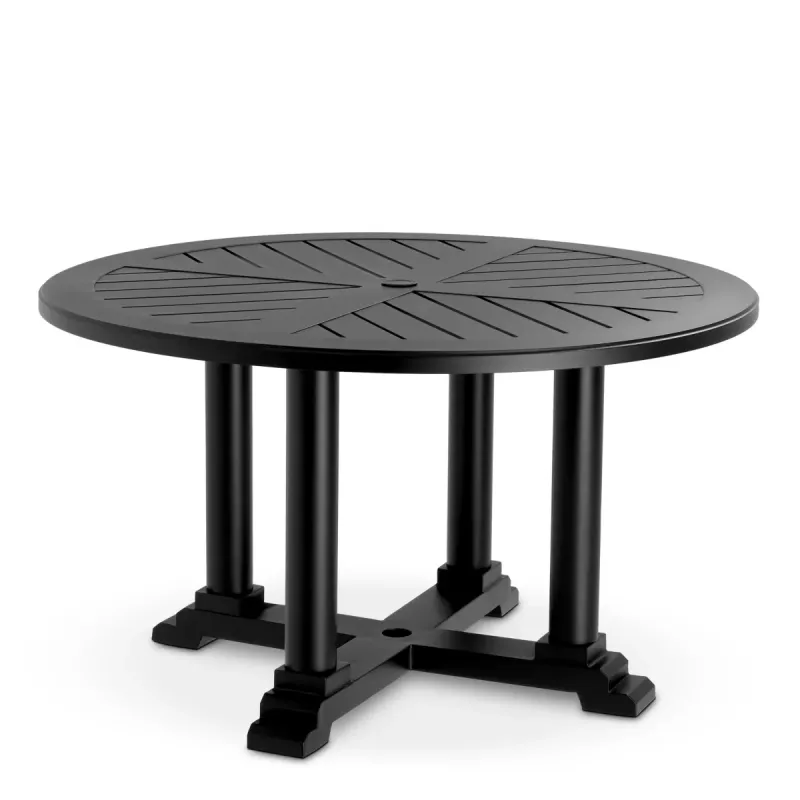 Luxuriöser schwarzer runder Outdoor-Esstisch mit geometrischer Lamellenplatte – Luxus Hotelmöbel Vorderansicht von Luxury Group International
