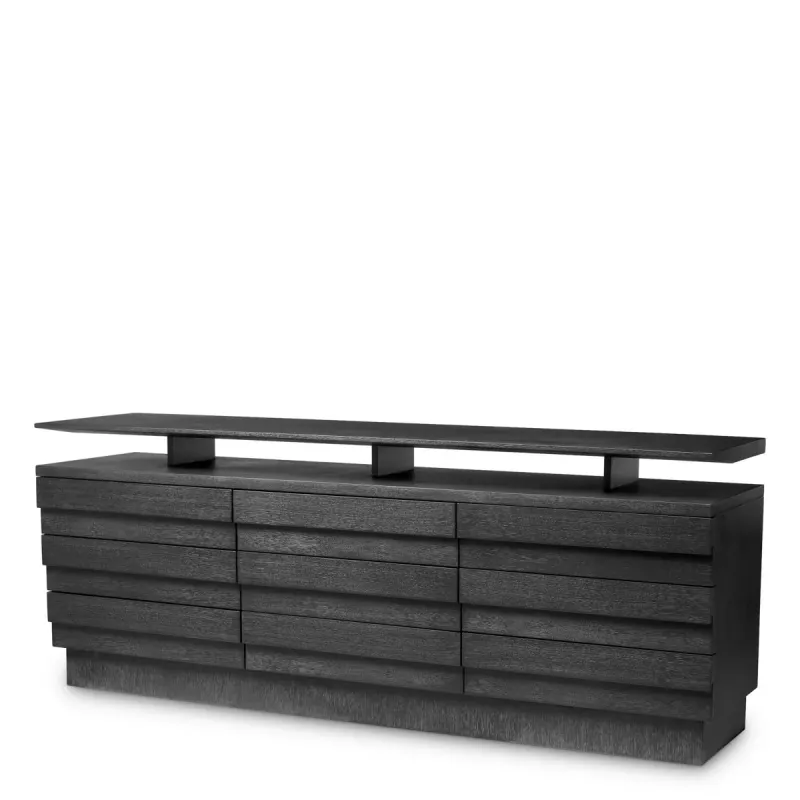 Luxus Schwarzes Sideboard mit Erhöhtem Oberen Regal & Mehrfach-Schubladenaufbewahrung – Luxus Hotelmöbel Vorderansicht von Luxury Group International