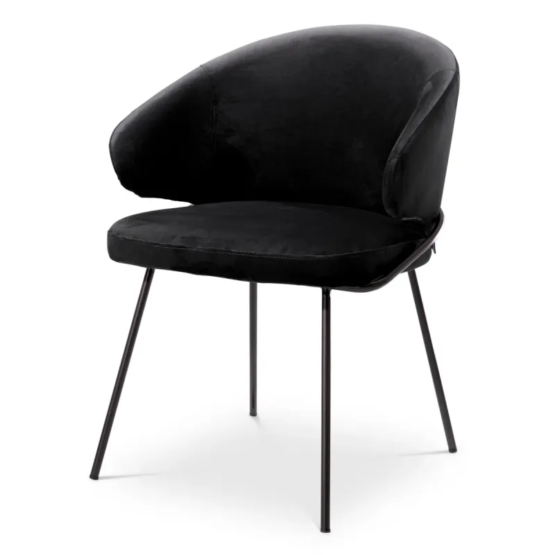 Silla de Comedor Tapizada Negra de Lujo con Respaldo Curvo y Estructura Metálica - Mobiliario de Hotel de Lujo Vista frontal por Luxury Group International