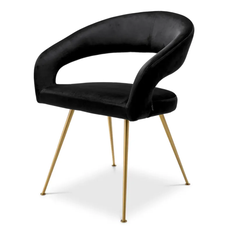 Black Velvet Dining Chair with Curved Backrest and Golden Metal Legs - Luxury Hotel Furniture Front View by Luxury Group International
