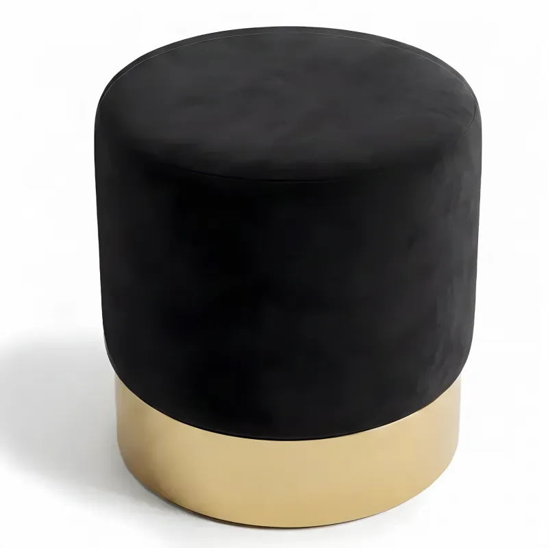 Luxury Black Velvet Round Stool with Gold Metal Base - Luxury Stool - Luxury Hotel Furniture Front View by Luxury Group International