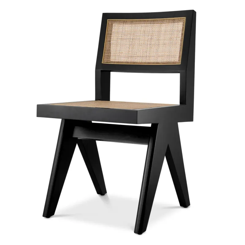 Sedia da Pranzo di Lusso in Legno Nero e Canna Naturale con Schienale Intrecciato - Mobili di Lusso per Hotel Vista frontale di Luxury Group International
