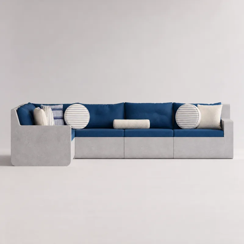 Divano da Esterno a L di Lusso in Cemento Blu con Rivestimento in Tessuto - Arredamento Moderno Vista frontale di Luxury Group International