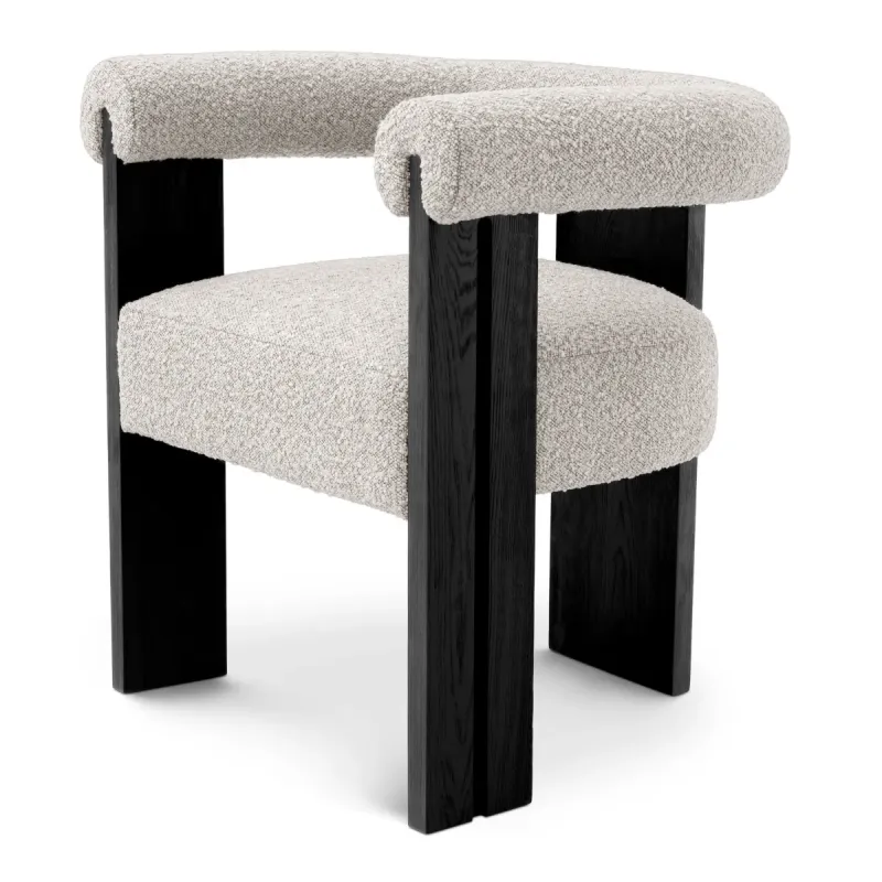 Modern Boucle Armchair with Black Wooden Frame and Rounded Upholstered Design - Luxury Dining Chair Front View by Luxury Group International