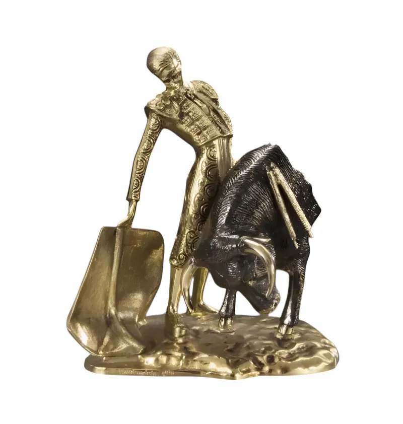 Luxury Bronze Figure of Bullfighter and Charging Bull Sculpture on Textured Arena Base by Luxury Group International