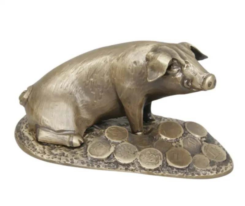 Luxury Bronze Pig Sculpture in a Sitting Pose with Decorative Coin Base - Luxury Bronze Figure Front View by Luxury Group International