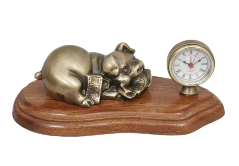 Luxury Bronze Pig Sculpture with Roman Numeral Clock on Wooden Base - Luxury Bronze Figure by Luxury Group International