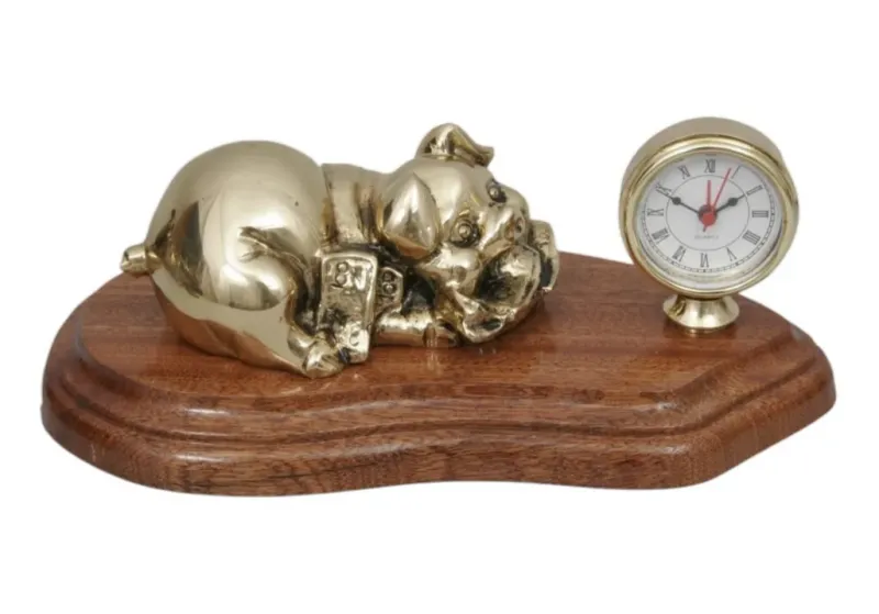 Luxury Bronze Pig Sculpture with Roman Numeral Clock on Wooden Base - Luxury Bronze Figure by Luxury Group International