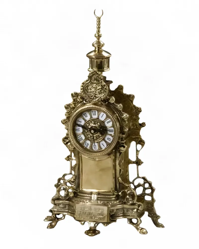 Luxus-Bronze-Tischuhr mit barockem Arabesken-Wappen und Mondsichel-Aufsatz Vorderansicht von Luxury Group International