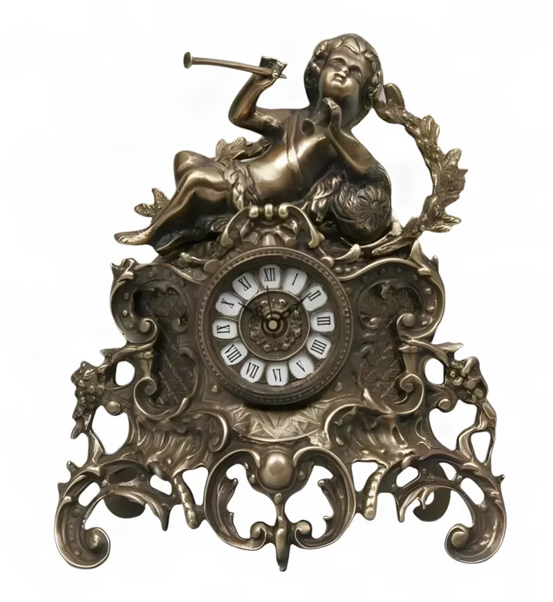 Luxury Bronze Table Clock with Cherub Trumpet Sculpture and Ornate Baroque Scrollwork Base by Luxury Group International