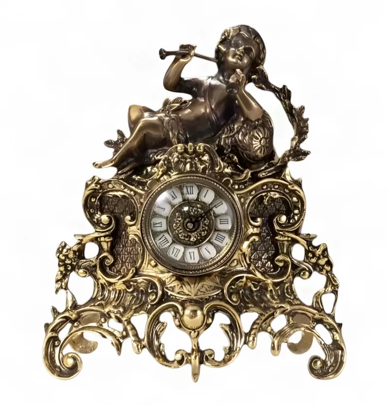 Luxury Bronze Table Clock with Cherub Trumpet Sculpture and Ornate Baroque Scrollwork Base by Luxury Group International