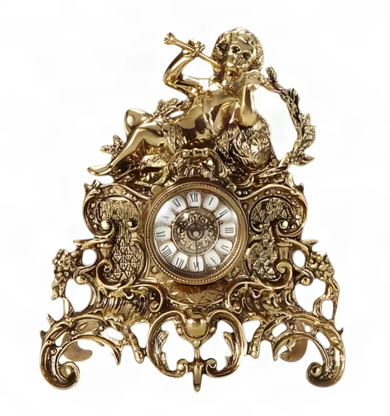 Luxury Bronze Table Clock with Cherub Trumpet Sculpture and Ornate Baroque Scrollwork Base by Luxury Group International