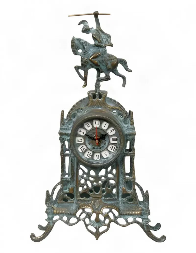 Luxury Bronze Table Clock with Equestrian Horse Rider Crest and Cathedral Inspired Baroque Frame by Luxury Group International