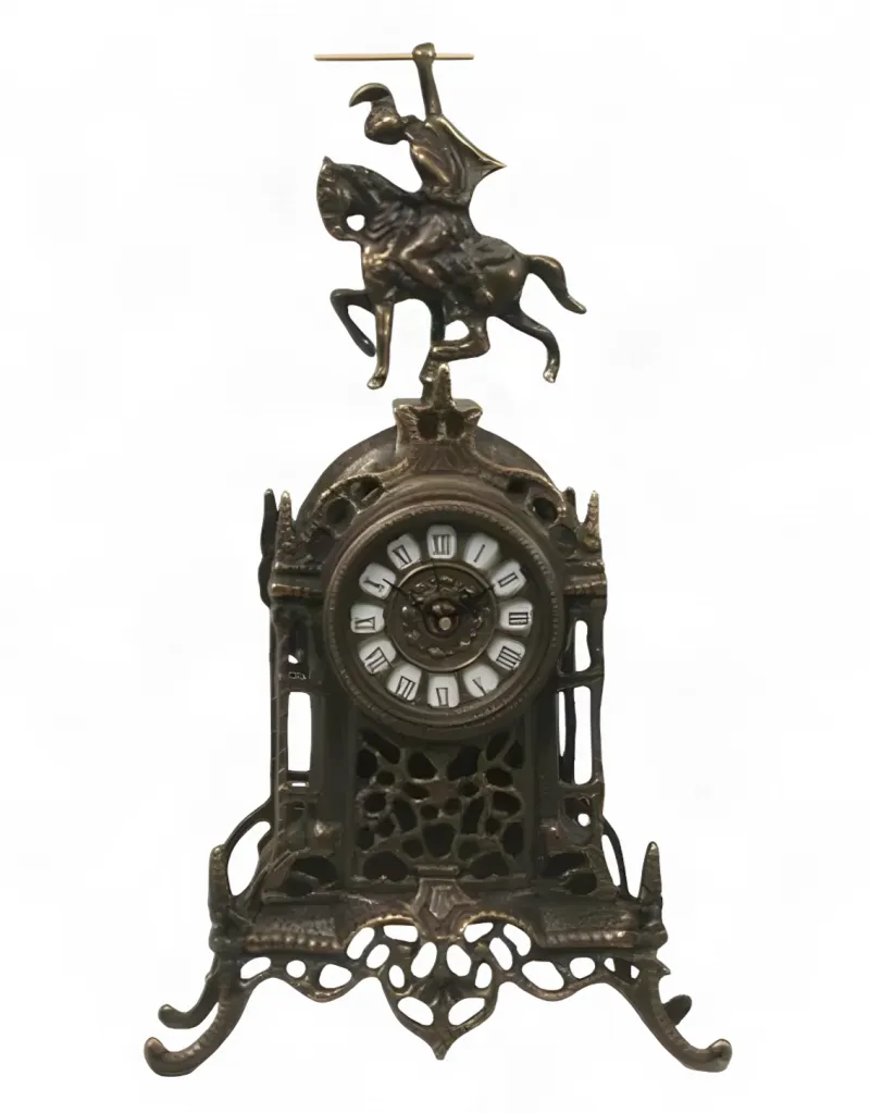 Luxury Bronze Table Clock with Equestrian Horse Rider Crest and Cathedral Inspired Baroque Frame by Luxury Group International