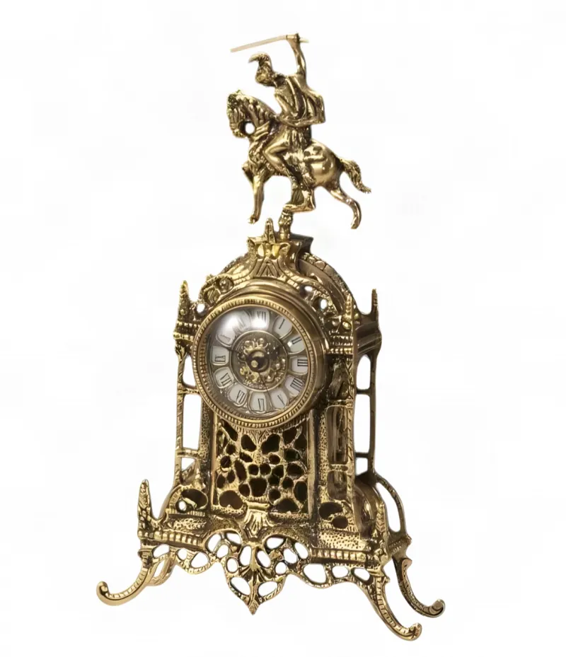 Luxury Bronze Table Clock with Equestrian Horse Rider Crest and Cathedral Inspired Baroque Frame by Luxury Group International