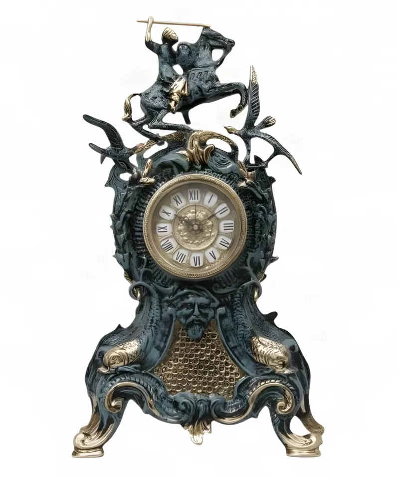 Luxury Bronze Table Clock with Equestrian Rider Crest and Ornate Baroque Sculptural Frame by Luxury Group International