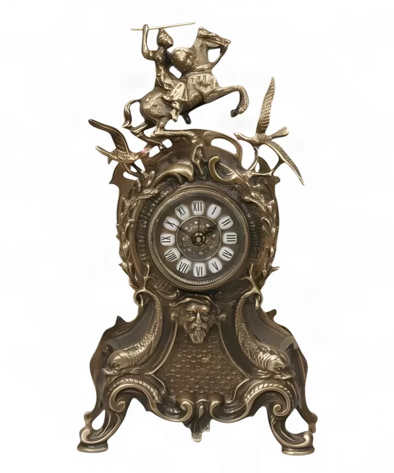 Luxury Bronze Table Clock with Equestrian Rider Crest and Ornate Baroque Sculptural Frame by Luxury Group International