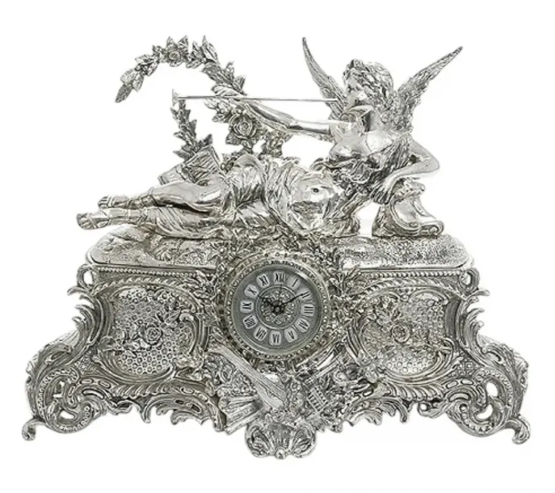 Luxury Bronze Table Clock with Reclining Winged Trumpeter on Ornate Baroque Base by Luxury Group International