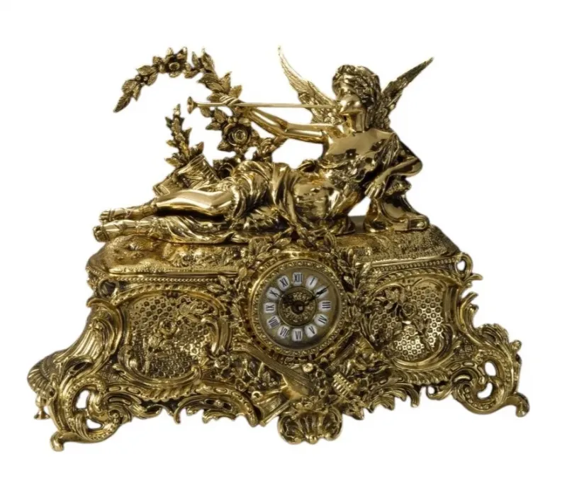 Luxury Bronze Table Clock with Reclining Winged Trumpeter on Ornate Baroque Base by Luxury Group International