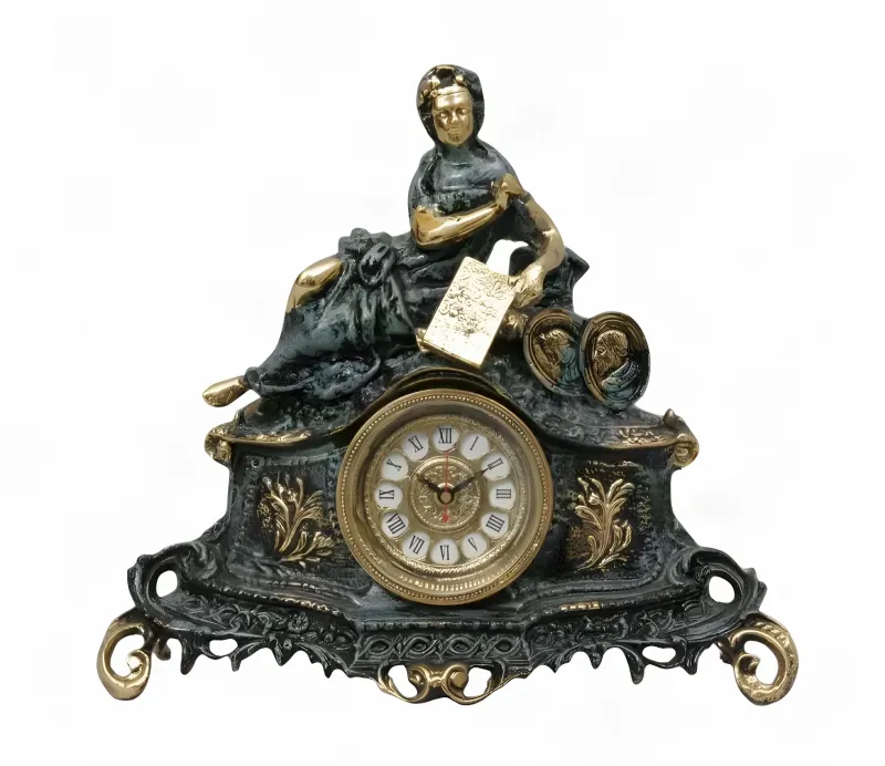 Horloge de Table en Bronze de Luxe avec Sculpture de Dame Assise et Base Baroque Ornée par Luxury Group International