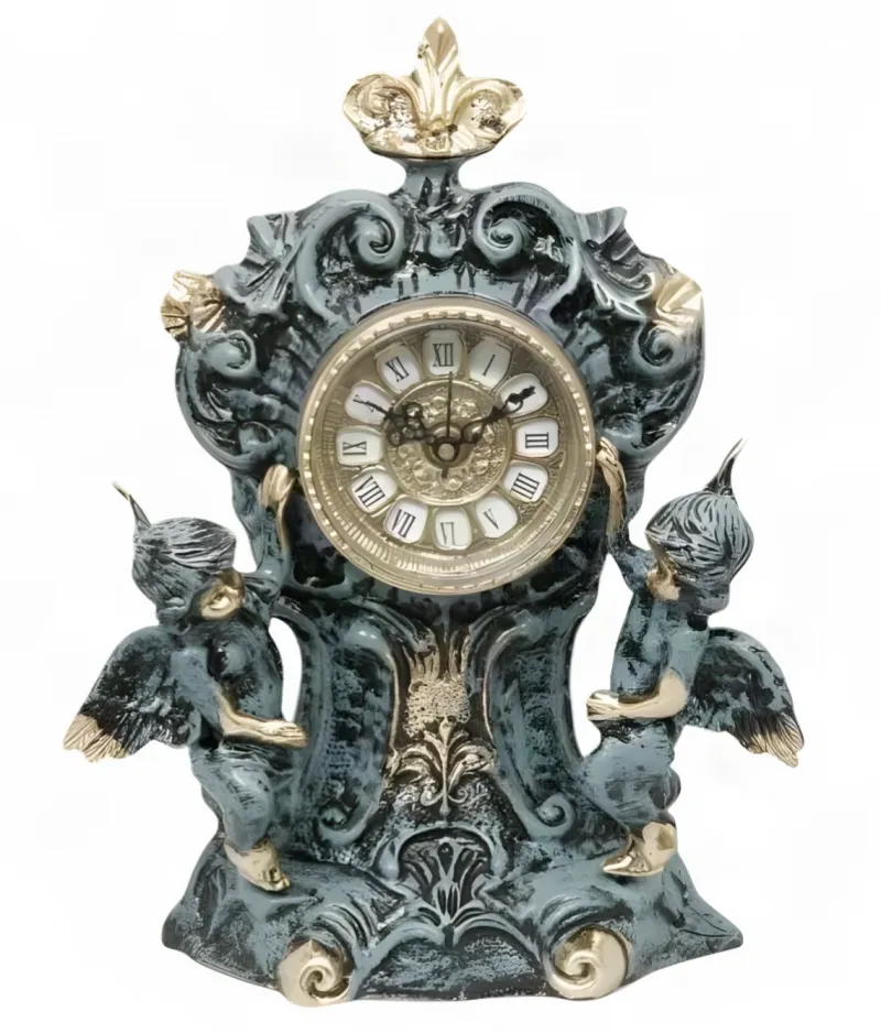 Reloj de Mesa de Bronce de Lujo con Ángeles Alados Gemelos y Marco Ornamental Barroco por Luxury Group International