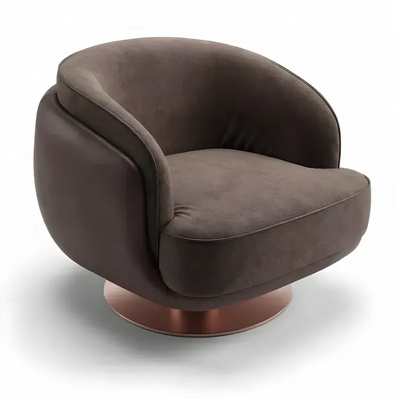 Luxury Brown Upholstered Swivel Armchair with Bronze Metal Base - Luxury Armchair Front View by Luxury Group International