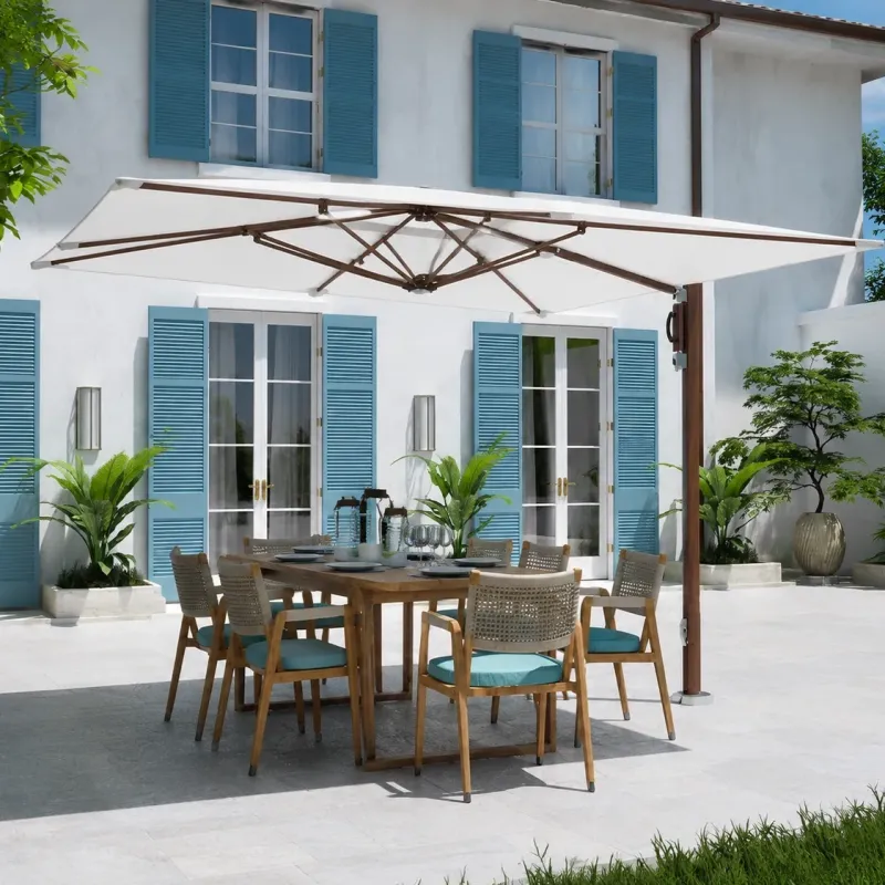 Parasol déporté de luxe avec toile rectangulaire élégante pour espaces extérieurs Vue lifestyle par Luxury Group International